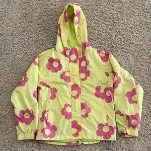 Trespass Kids Yellow Pink Floral Hooded Rain Jacket, Girls sz 9/10